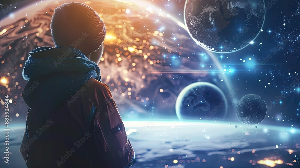 A person looking ahead with a futuristic hologram of planets and space. A person looking ahead with a futuristic hologram of planets and space.
