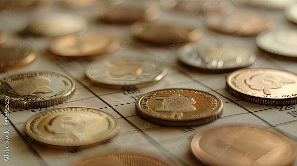 Close-up of coins laid out in a graph pattern on a financial report. Close-up of coins laid out in a graph pattern on a financial report.