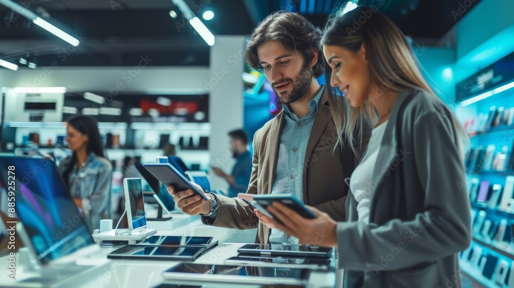 A couple shopping for electronics in a modern tech store, comparing different gadgets and devices A couple shopping for electronics in a modern tech store, comparing different gadgets and devices