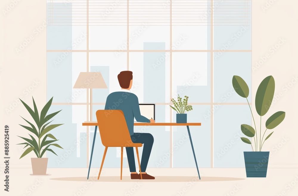 Illustration of a person working on a laptop at a desk in a modern office space with plants and large windows in the background. Illustration of a person working on a laptop at a desk in a modern office space with plants and large windows in the background.