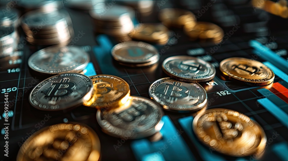 Coins spread out in a scatter plot pattern, representing financial data analysis. Coins spread out in a scatter plot pattern, representing financial data analysis.