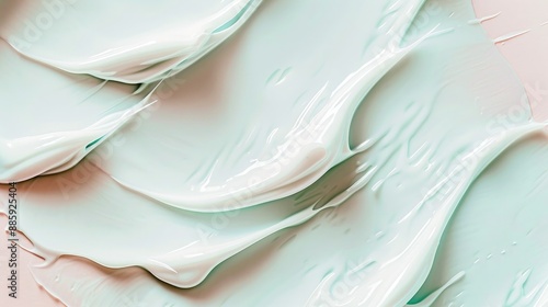 Close-up view of gentle waves and slashes of hydrating face cream on a light pastel background, highlighting the soothing and moisturizing properties of skincare products.