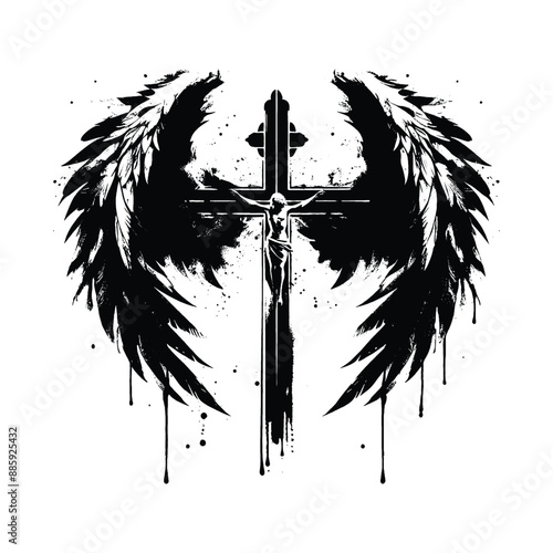 Angelic Wings and Cross, Create an abstract fusion of angelic wings forming the shape of a cross