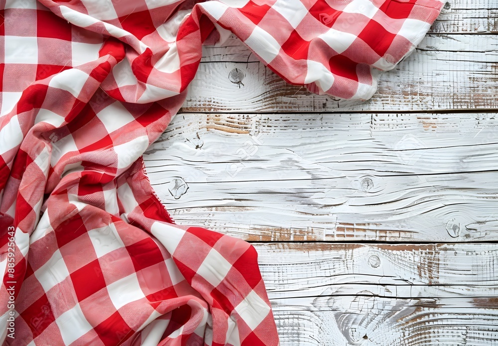 Fototapeta premium Red and White Checkered Tablecloth on White Wood