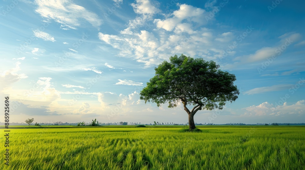 Fototapeta premium Lonely tree overlooking a vast rice field, creating a serene rural landscape.