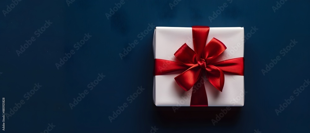 White Gift Box with Red Ribbon on Blue Background White Gift Box with Red Ribbon on Blue Background
