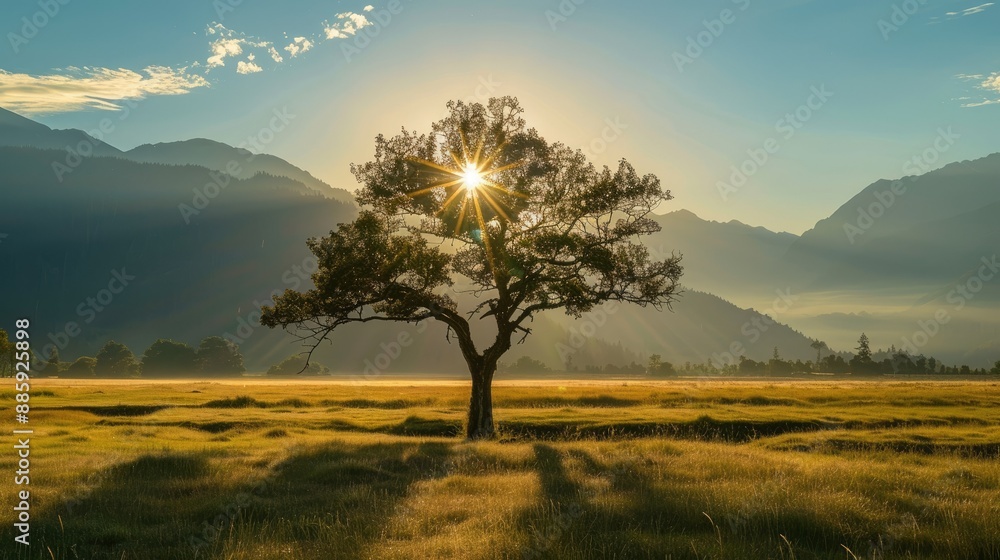 Obraz premium Radiant sun shining on a lone tree, with serene mountains in the background.
