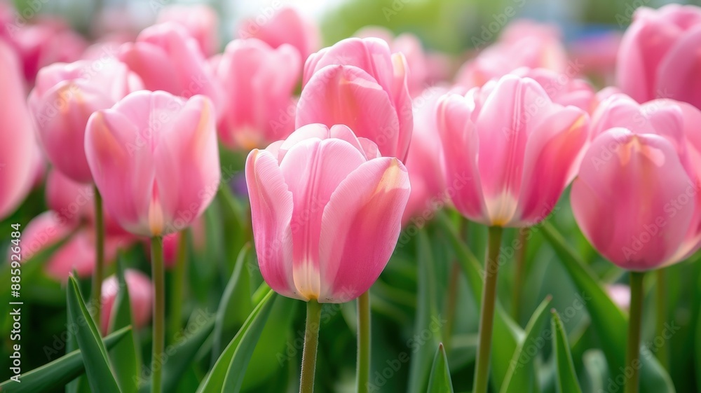 Pink Tulip Field, Vibrant pink tulips in full bloom, Spring Beauty Pink Tulip Field, Vibrant pink tulips in full bloom, Spring Beauty