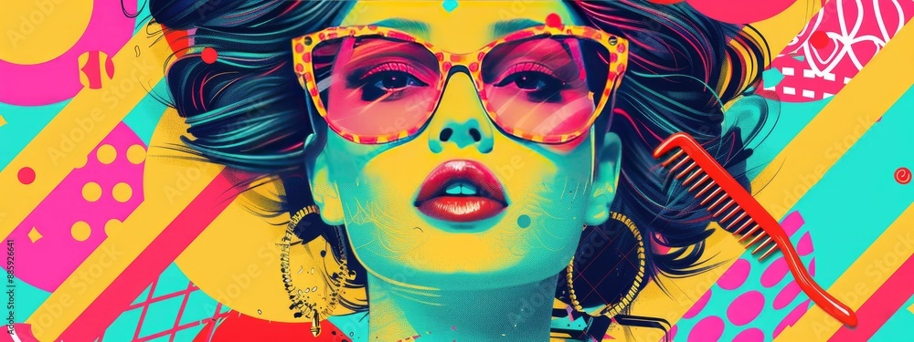 Fototapeta premium Colorful Pop Art Portrait of a Woman with Sunglasses and Retro Hair