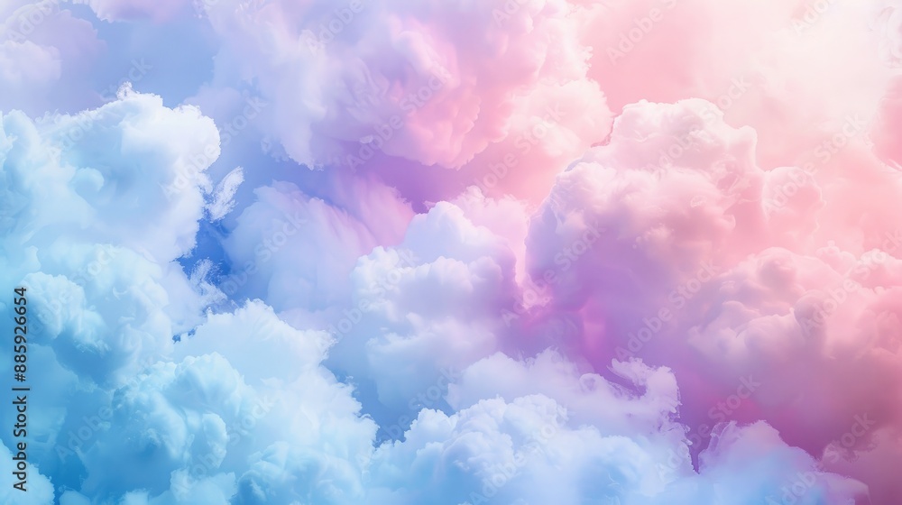 Fototapeta premium Colorful cotton candy clouds in shades of pastel pink, blue, and lavender, creating a soft and romantic texture background.
