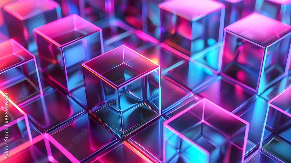 Geometric shapes cube blocks background with neon lights Geometric shapes cube blocks background with neon lights