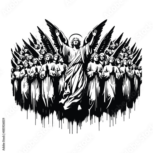 Angels and Heavenly Hosts, Depict a vast assembly of angels praising God, in flat illustration