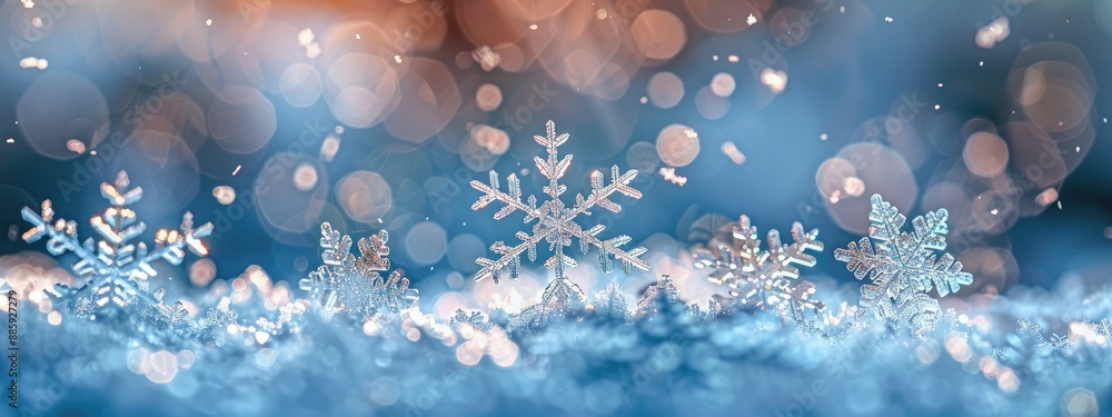 Close-Up of Sparkling Snowflakes on Snowy Surface with Bokeh Winter Lights Close-Up of Sparkling Snowflakes on Snowy Surface with Bokeh Winter Lights