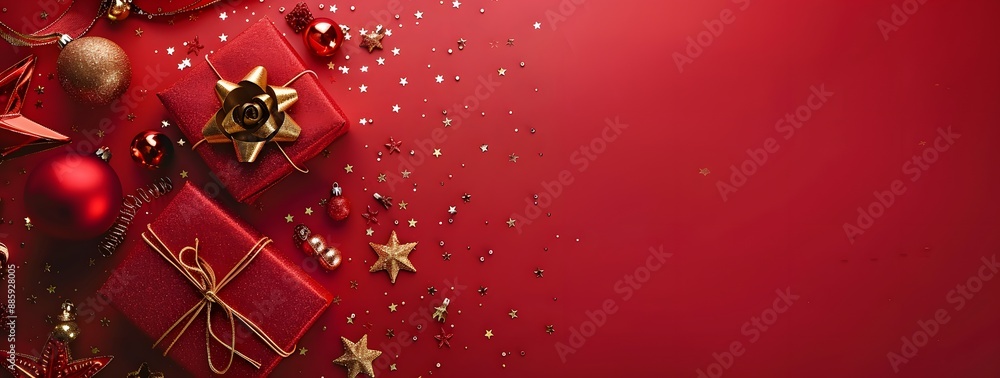 Red Christmas Background with Gifts & Stars