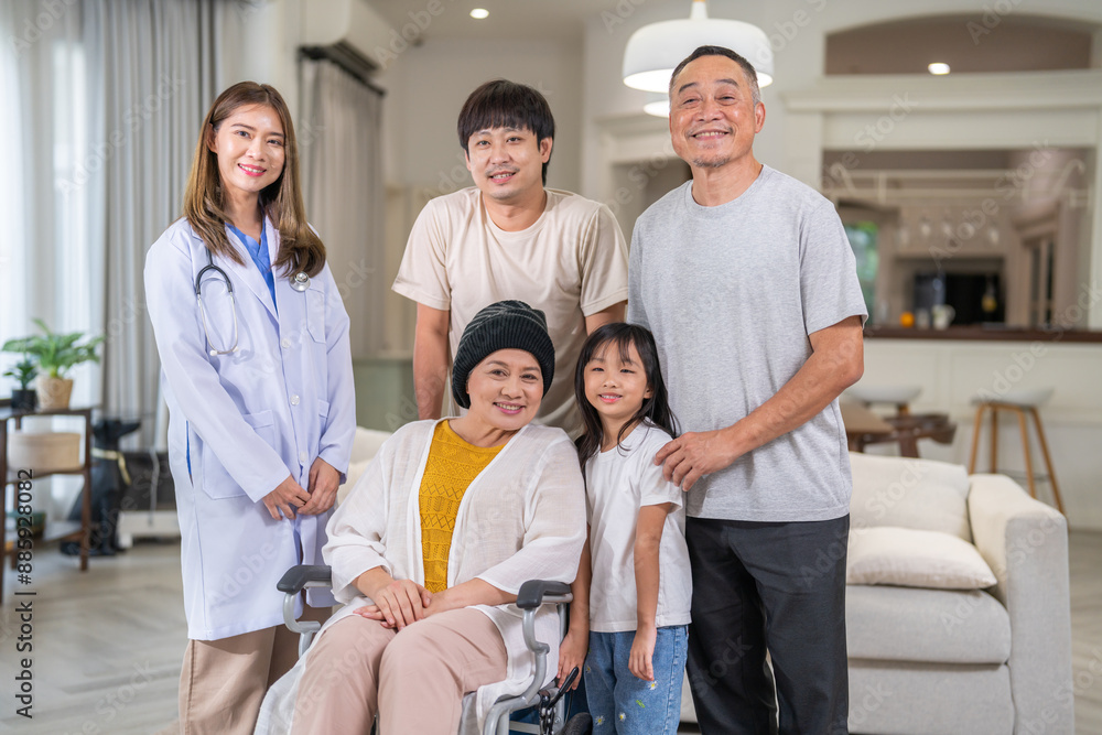 Portrait of smiling asian doctor service help support discussing and consulting taking care, caring, caregiver with senior elderly woman with cancer cover head of chemotherapy cancer, cancer day Portrait of smiling asian doctor service help support discussing and consulting taking care, caring, caregiver with senior elderly woman with cancer cover head of chemotherapy cancer, cancer day