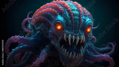 An eccentrically grotesque Zorblattian blob-like creature, its glistening tentacles pulsing with eerie light amidst the darkness. This detailed depiction is a digitally rendered cartoon character, bur photo