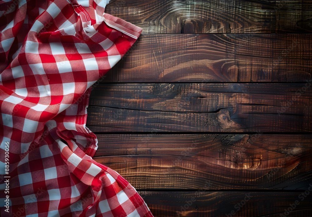 Obraz premium Red Checkered Tablecloth on Rustic Wooden Background