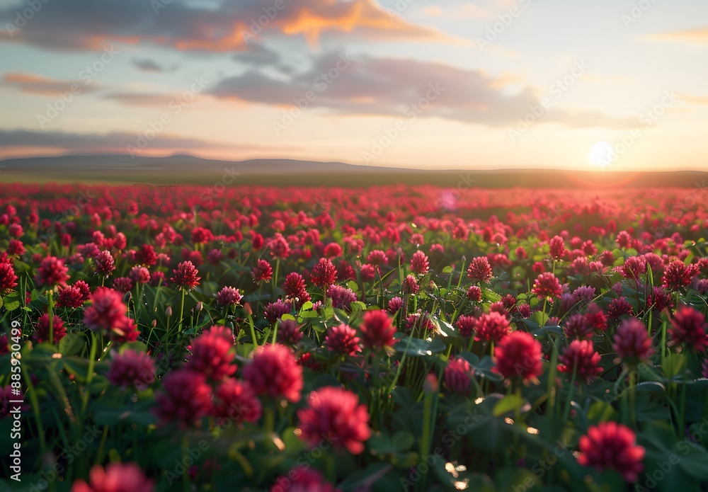 Stunning Sunset Over Red Clover Field Stunning Sunset Over Red Clover Field