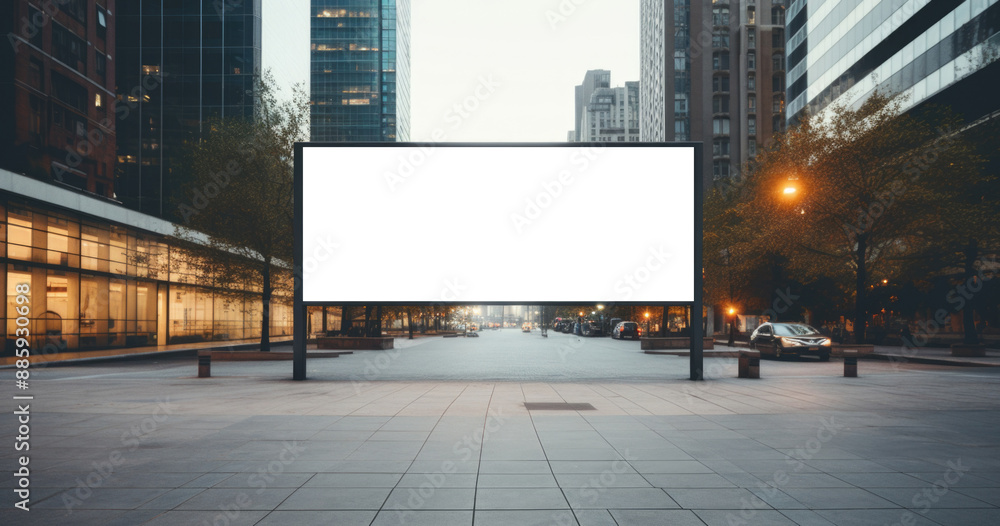 Futuristic Blank Billboard Mockup on Glass Tower in Vibrant Financial District Futuristic Blank Billboard Mockup on Glass Tower in Vibrant Financial District