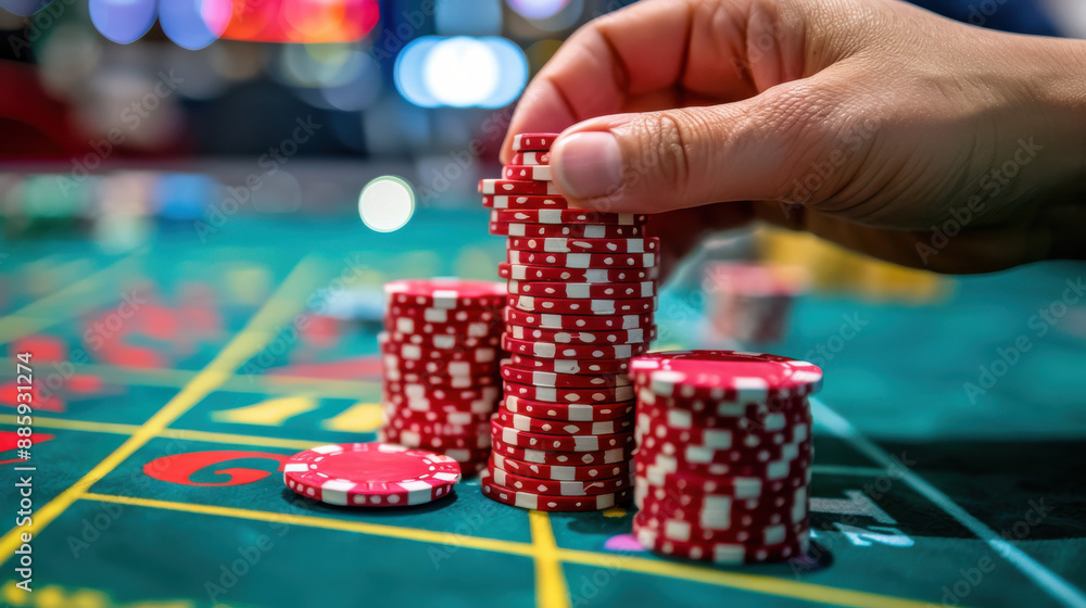 A photograph of a hand placing red poker chips on a green casino table, chips neatly stacked, close-up view A photograph of a hand placing red poker chips on a green casino table, chips neatly stacked, close-up view