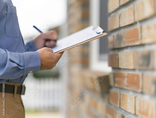 Man conducting home inspection with clipboard, writing notes on brick house exterior, wearing blue shirt and khaki pants