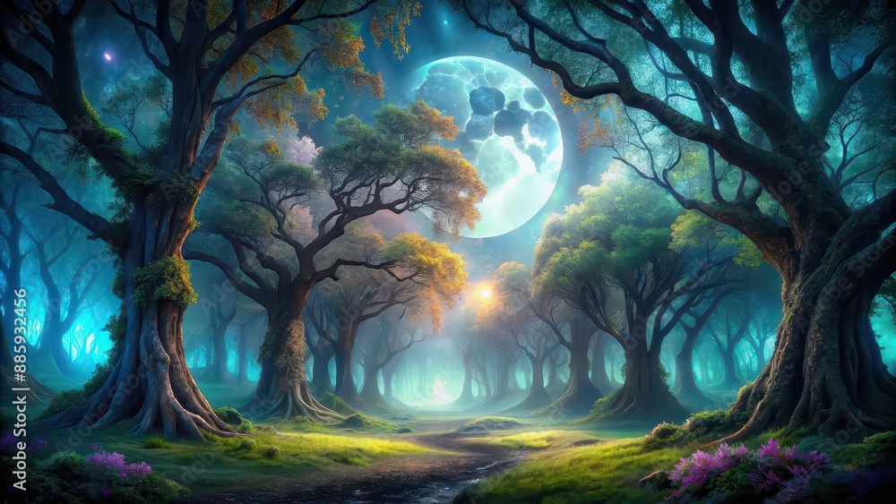 Mystical forest bathed in moonlight with ancient trees and shifting colors, moonlight, mystical, forest Mystical forest bathed in moonlight with ancient trees and shifting colors, moonlight, mystical, forest