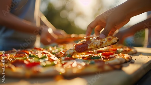 Sharing Pizza at a Vibrant Communal Table â€“ Students Enjoying a Fun Pizza Party Together