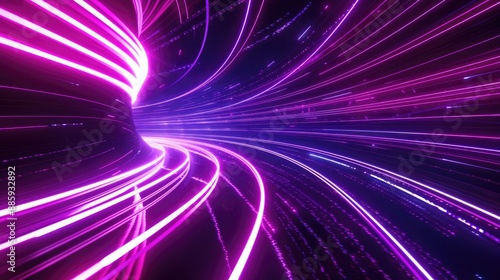 Dynamic abstract neon background showcasing a space tunnel twisting to the left, bathed in ultra violet rays and glowing lines, 