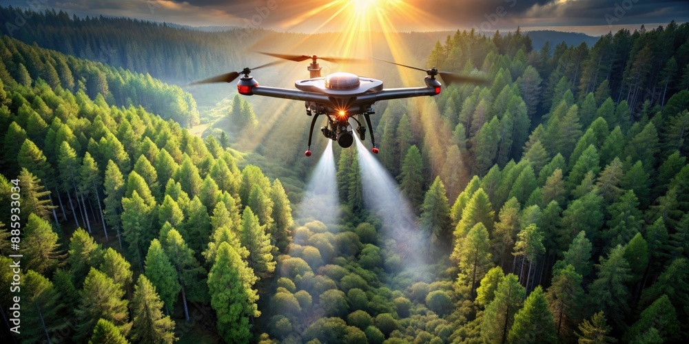 Fototapeta premium Aerial view of search and rescue drone hovering above dense forest, spotlight shining down, deploying sensors and cameras to locate survivors in emergency operation.