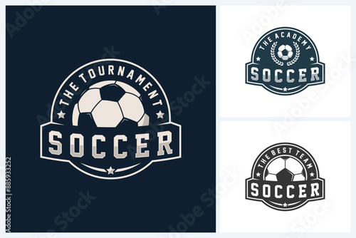 Soccer logo sport design template, soccer or football emblem vector, soccer or football tournament badge logo design vector illustration