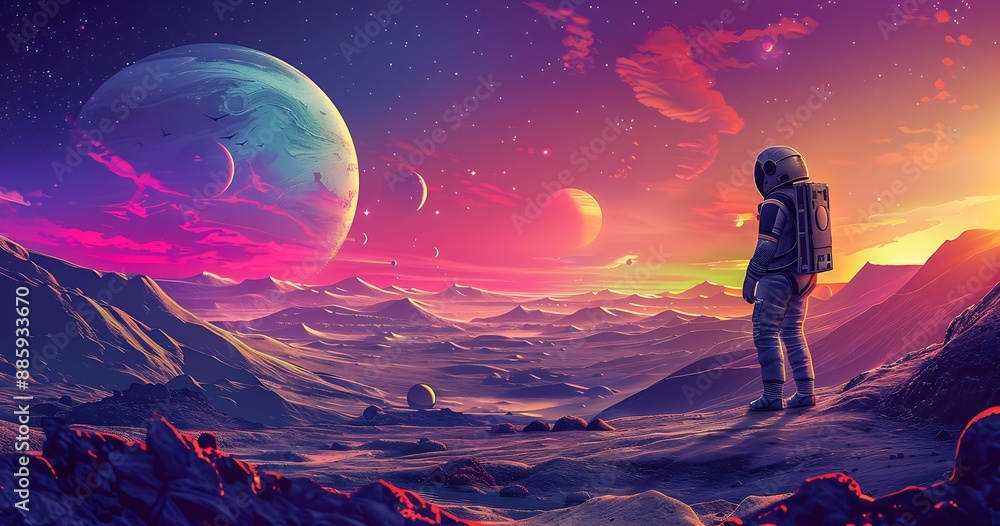Astronaut in awe of the alien landscape of a distant moon Astronaut in awe of the alien landscape of a distant moon