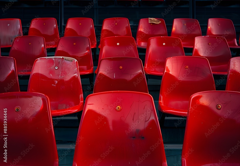 Naklejka premium Empty Red Plastic Stadium Seats Close-Up