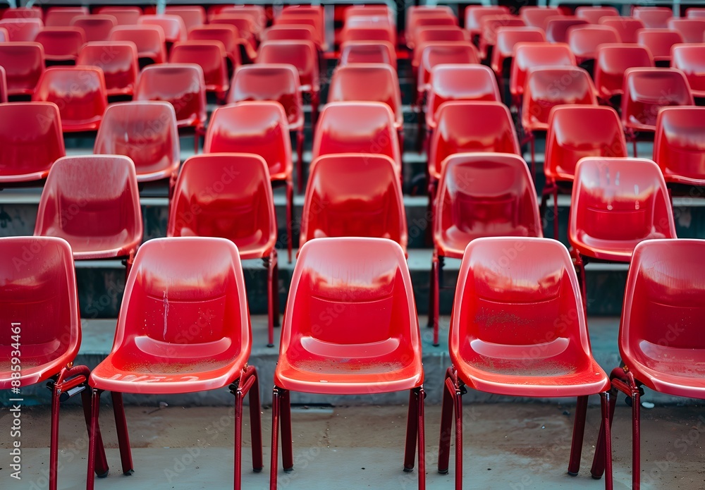 Naklejka premium Red Plastic Chairs in Empty Stadium Seats