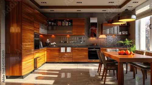 3d render modern kitchen with wooden cabinet and table design interior