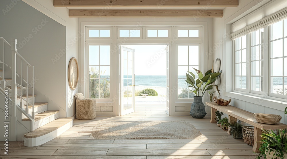 Elegant Coastal Entryway with Light Wood Flooring, Large Ocean-View Windows, and a Stylish Console Table: Creating a Warm and Inviting Atmosphere for a Welcoming Home Entrance Elegant Coastal Entryway with Light Wood Flooring, Large Ocean-View Windows, and a Stylish Console Table: Creating a Warm and Inviting Atmosphere for a Welcoming Home Entrance