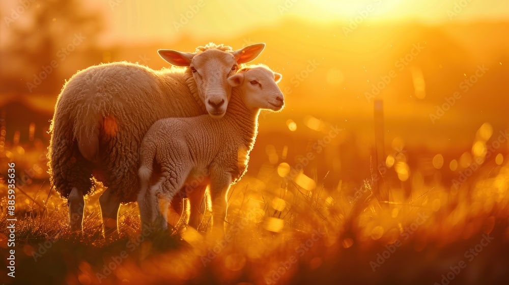 Obraz premium Sheep and Lamb in Golden Sunset