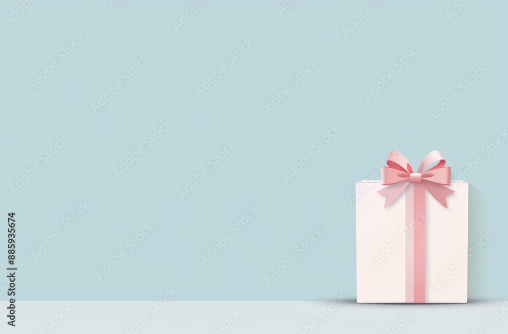 Minimalist gift box with pink ribbon on light blue background, perfect for celebrations, presents, and special occasions. Minimalist gift box with pink ribbon on light blue background, perfect for celebrations, presents, and special occasions.