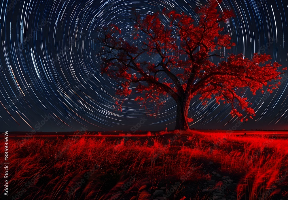 Red Tree Under Star Trails Night Sky Red Tree Under Star Trails Night Sky