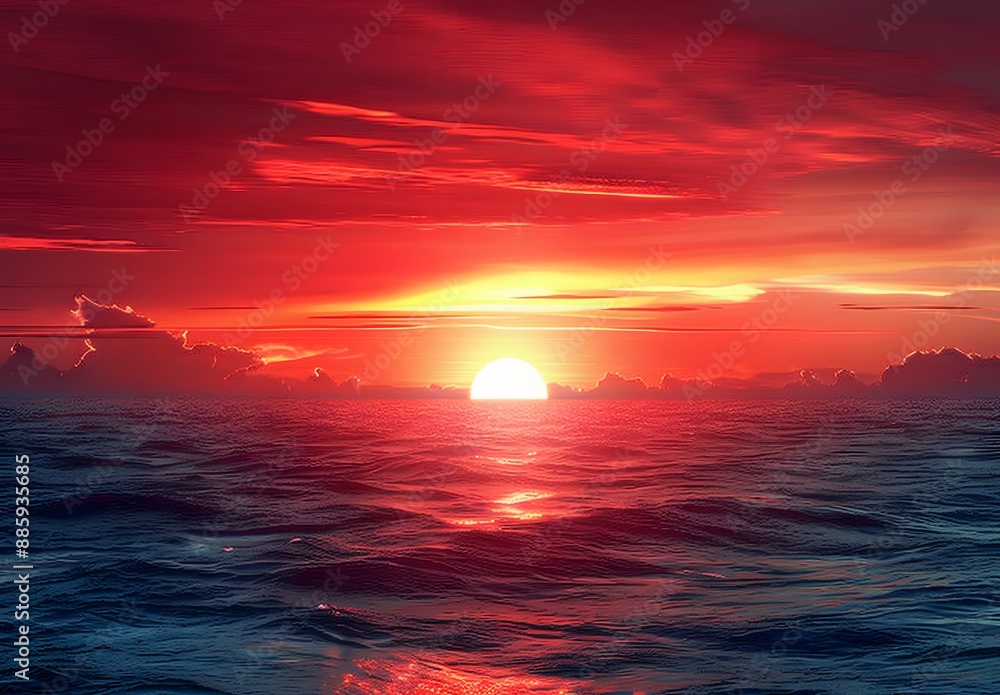 Obraz premium Dramatic Red Sunset Over Ocean Horizon