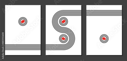 3 a4 cover, curved parallel lines and circles, meditation zen garden top view or life balance vector illustration, river flow and pebbles abstract