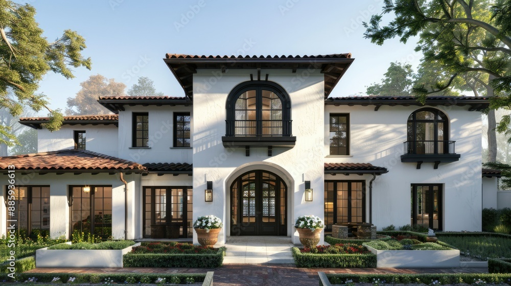 Front view of a stunning Spanish style house with white and black exterior and dark brown details Front view of a stunning Spanish style house with white and black exterior and dark brown details