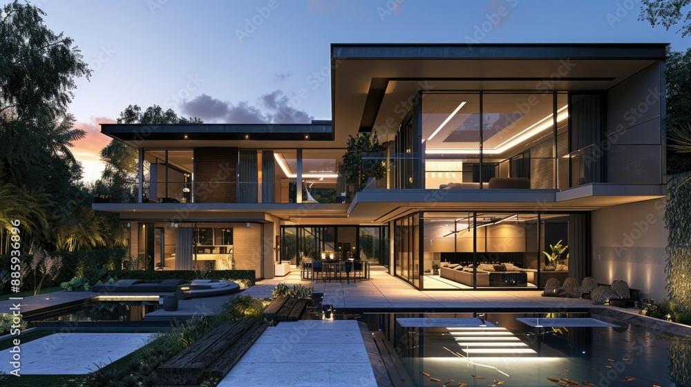 Luxurious modern villa with sleek architectural design and elegant outdoor lighting Luxurious modern villa with sleek architectural design and elegant outdoor lighting