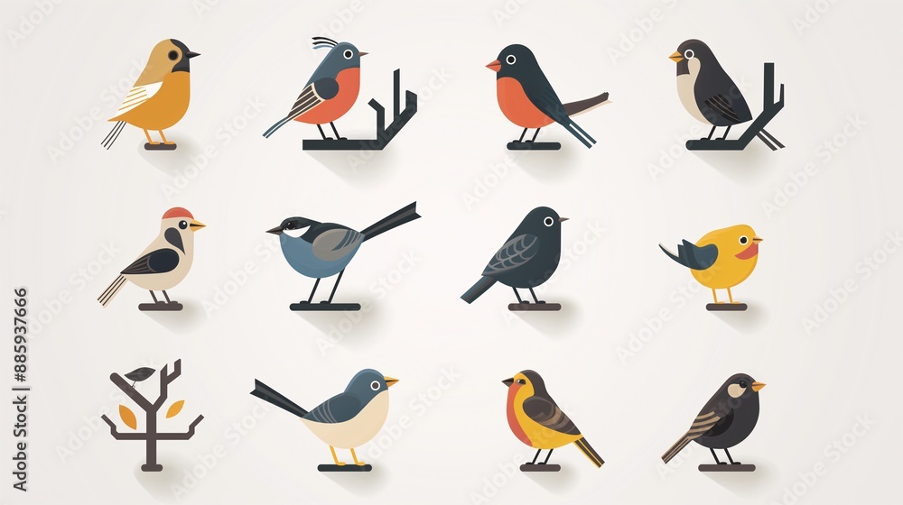 Modern, flat design icons of bird in matching colors Modern, flat design icons of bird in matching colors