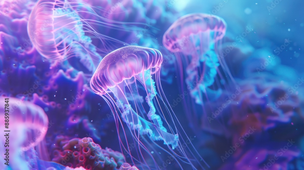 Glowing Jellyfish in the Deep Blue Glowing Jellyfish in the Deep Blue