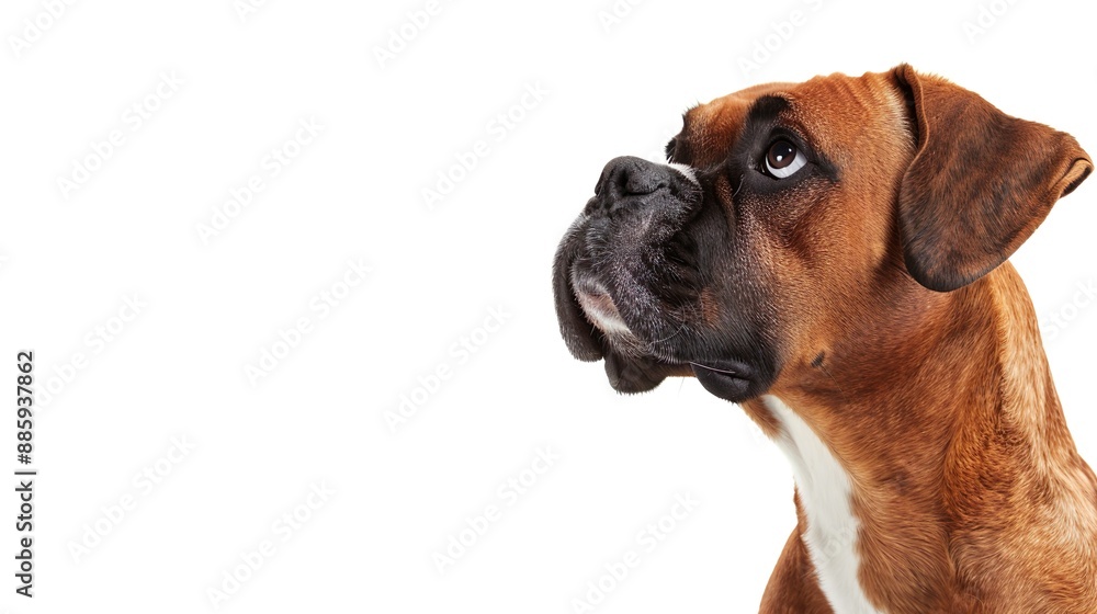 A Boxer standing and looking off to the side, isolated on a white background A Boxer standing and looking off to the side, isolated on a white background