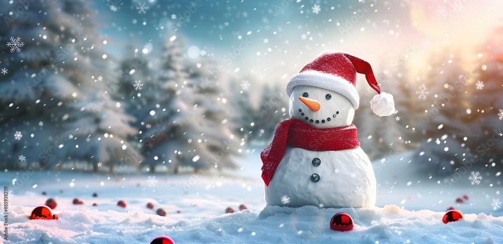 Smiling Snowman in Winter Wonderland with Red Scarf and Hat Smiling Snowman in Winter Wonderland with Red Scarf and Hat