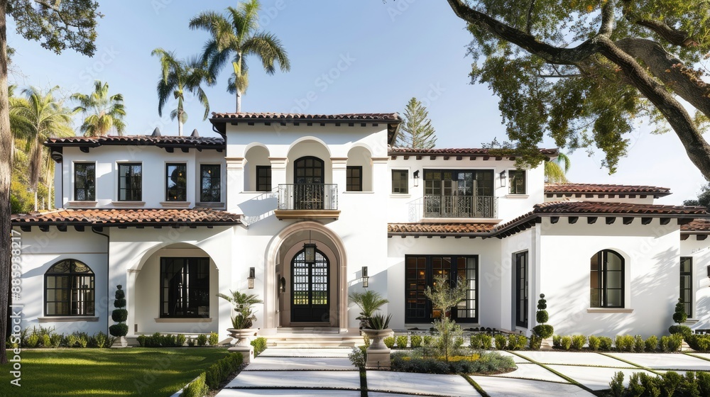 White and black Spanish style home with dark brown accents, viewed from the front White and black Spanish style home with dark brown accents, viewed from the front