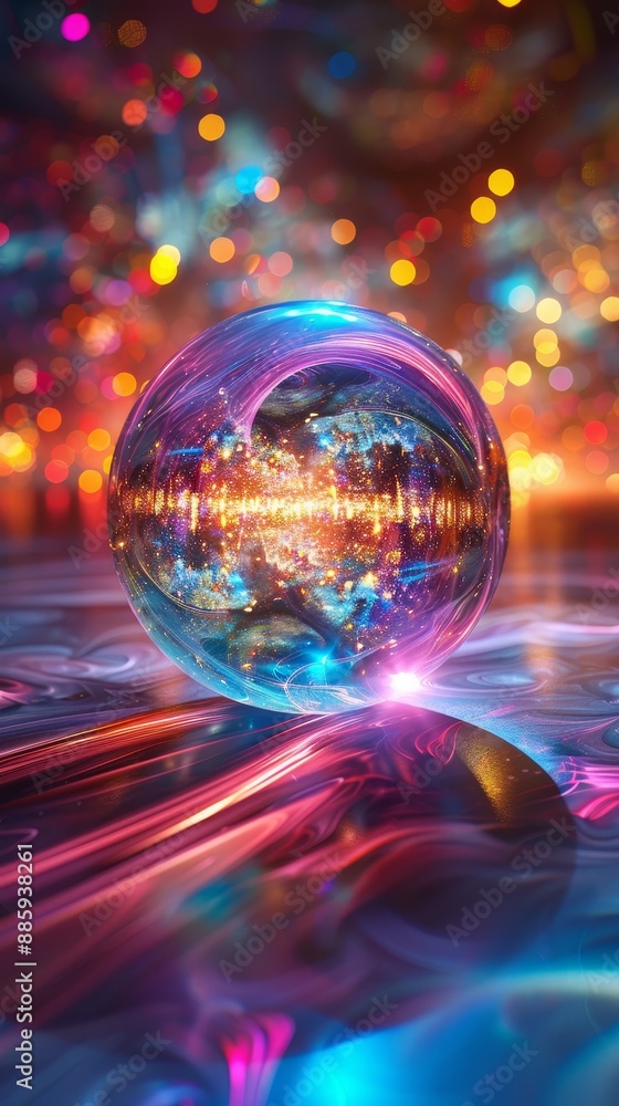 Vibrant crystal ball on a reflective surface with colorful bokeh lights, creating a magical, abstract, and surreal atmosphere. Vibrant crystal ball on a reflective surface with colorful bokeh lights, creating a magical, abstract, and surreal atmosphere.