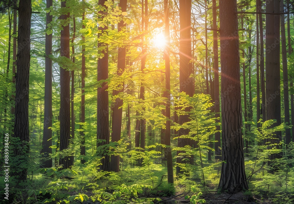 Fototapeta premium Sunlight Filtering Through Spring Forest