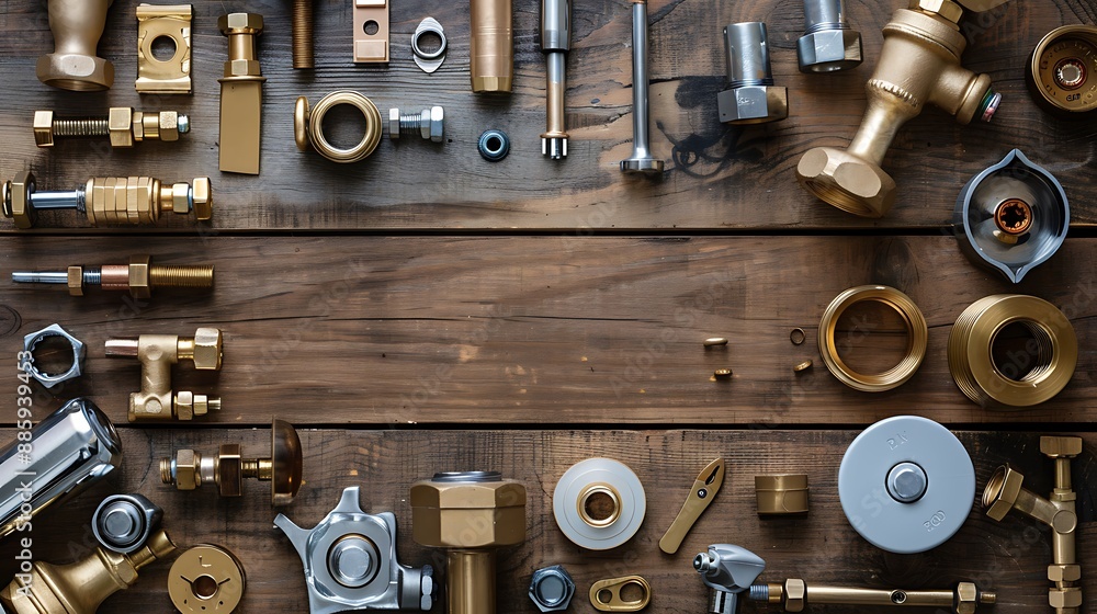 Plumbing tools and accessories on wooden table top view Plumbing tools and accessories on wooden table top view